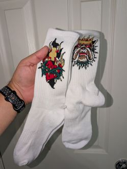 Ed Hardy Men's Cushioned Crew Socks  Size 6-12 Bulldog Cross Heart