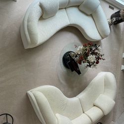 Two White Curved Designer Sectional Sofas 