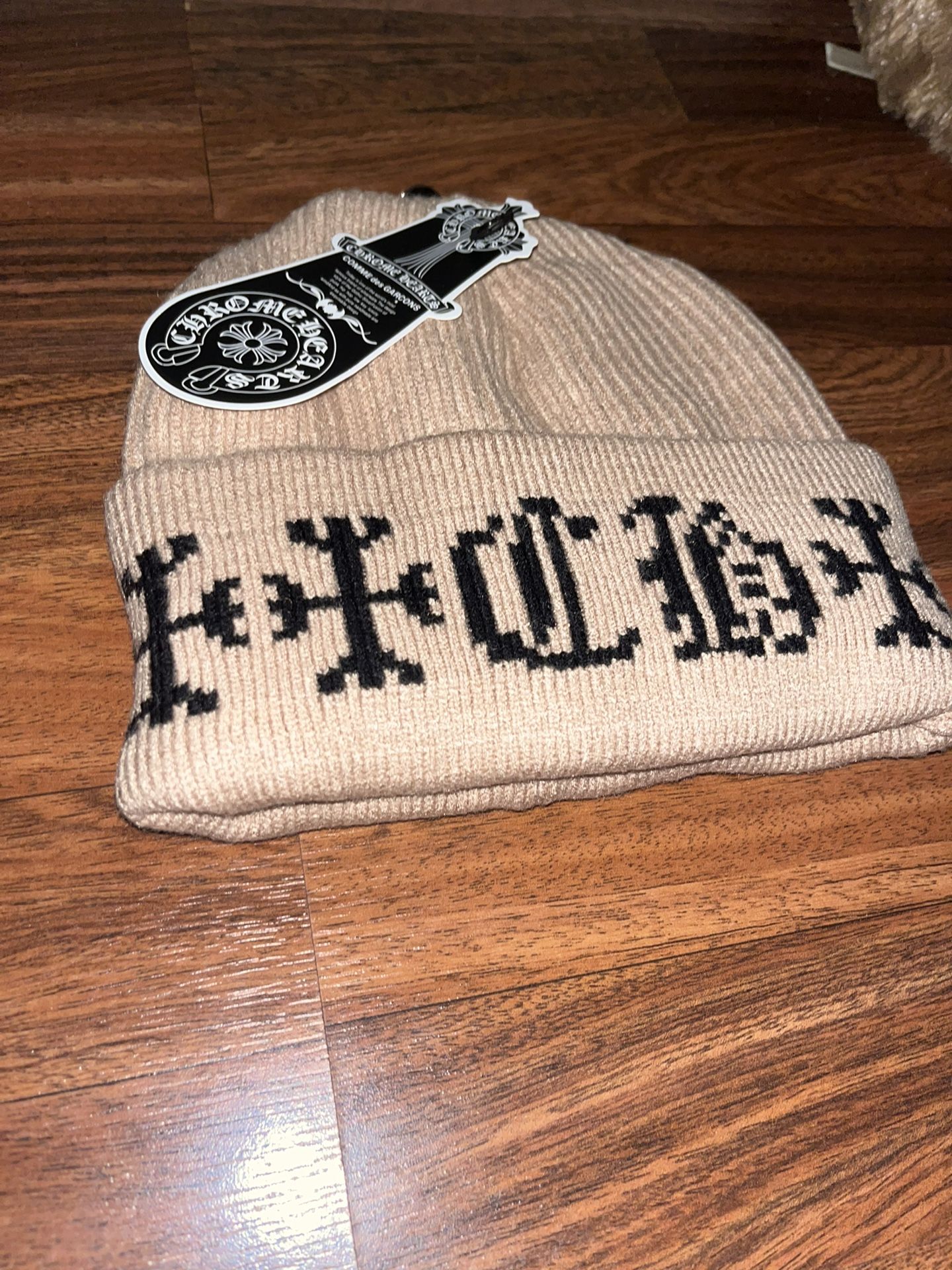 Beige Chrome Crossed Beanie Winter Style One Size Fits