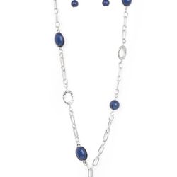 Blue Beaded Lanyard Silver Necklace Free Earrings