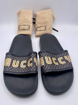 Gucci Men’s Black Gold Logo Star Print Slide Sandals Size 9 Style 519982