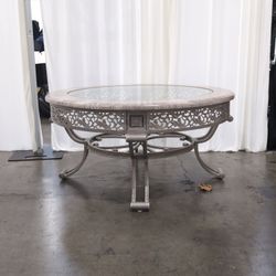 Round Silver Metal Scrollwork Coffee Table with Glass Top
