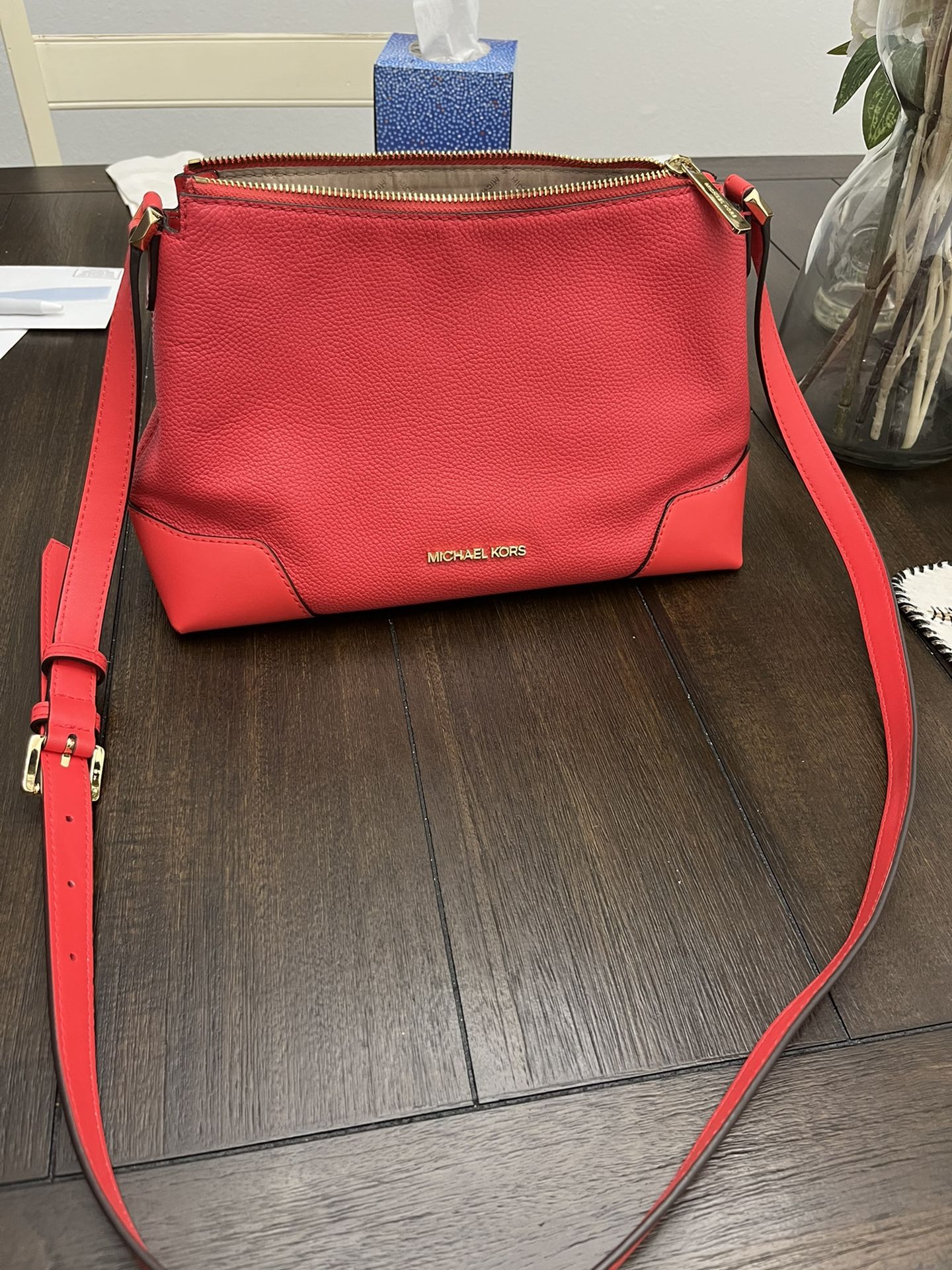 Michael Kors Crosby Medium Messenger Crossbody Bag Coral Reef Pink Leather