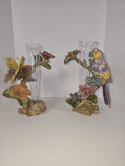 Cloisonne Style Bud Vase Parrot And Butterfly