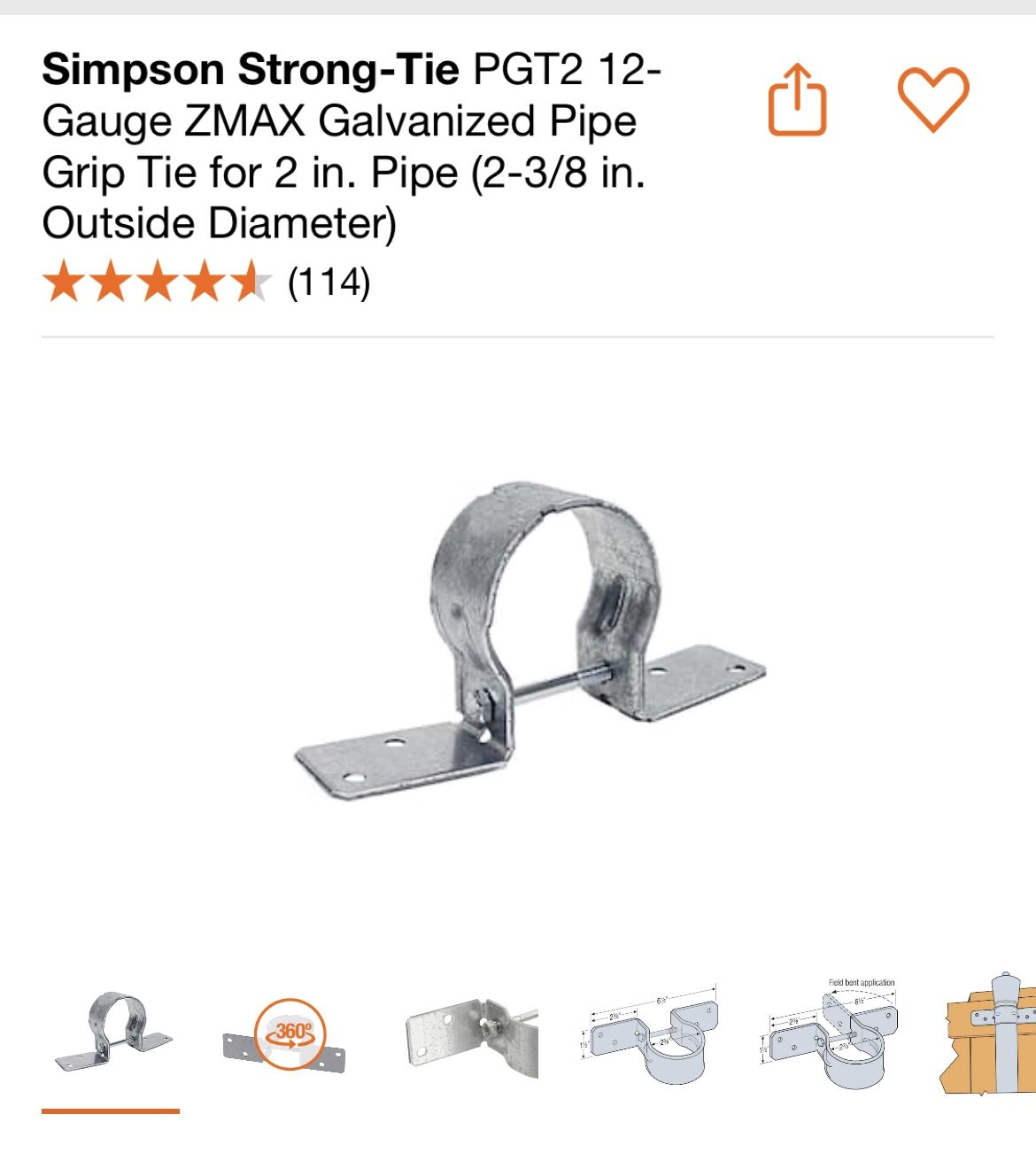 Simpson Strong-Tie PGT2 12-Gauge ZMAX Galvanized Pipe Grip Tie for 2 in. Pipe (2-3/8 in. Outside Diameter)