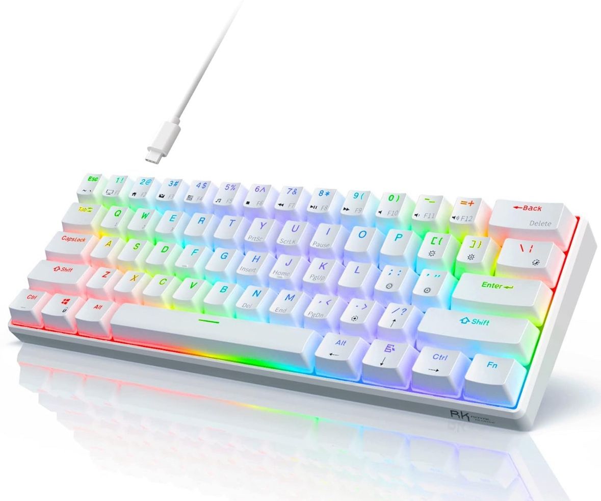 RK61 Wired 60% Mechanical Gaming Keyboard Programmable QMK/VIA RGB Backlit 61 Keys Ultra-Compact Hot Swappable Brown Switch White