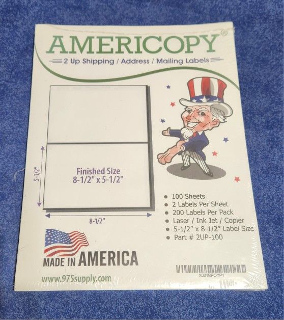 Americopy 200 Shipping Labels Half Sheet Print 5-1/2" x 8-1/2" Laser, Copier