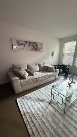 Beige Fabric 3-Seat Sofa with Throw Pillows