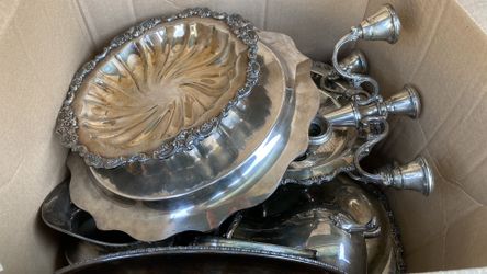 Box of silver plated and sterling dishware dinnerware