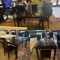 🍽️ 5-Piece Dining Set 🍽️  Give your dining space a warm, classic look with this beautiful dark-wood dining set! Includes a rectangular table and fou