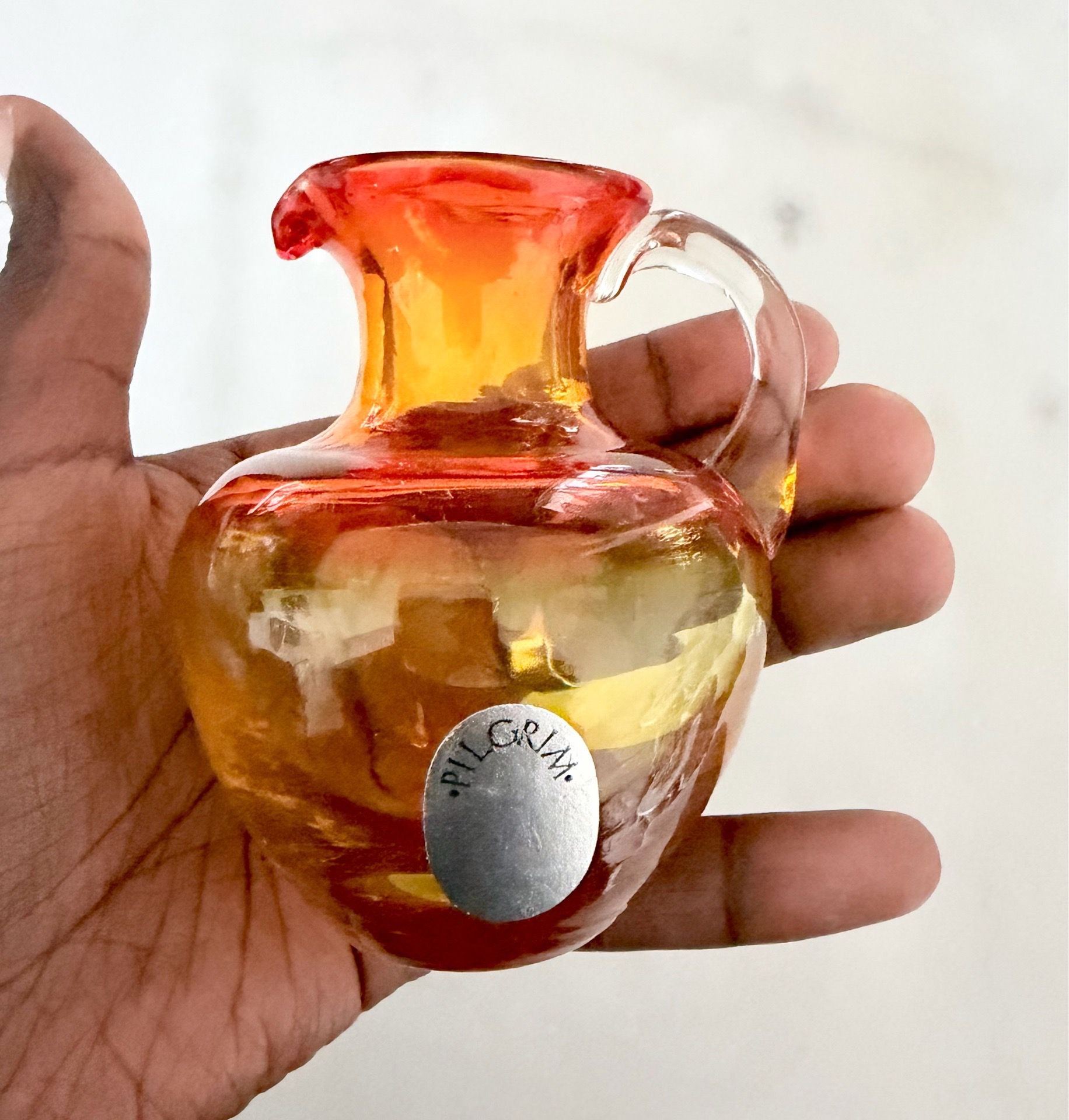 Vintage Pilgrim Hand Blown Amberina Art Glass Mini Pitcher Creamer Jug