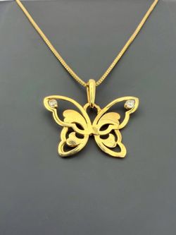 14K Solid Yellow Gold CZ stone Butterfly charm pendant & box chain ladies Necklace 19” 0.5mm