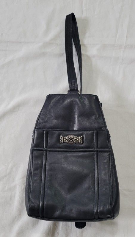 Vtg Mano Genuine Leather Sling Bag/ Crossbody/ Backpack Black 11.5"X8"