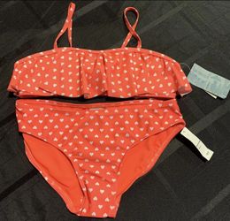 New Old Navy UPF 40 Girls Size XL (14/16) orange with white hearts two piece bikini Swimsuit