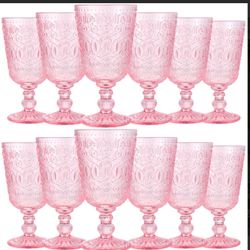 Eaasty Wine Glasses Set of 12 Vintage Goblet 9 oz Vintage Colored Glass Goblet Beverage Stemmed Glass Cups Romantic Embossed Glassware for Wedding Par