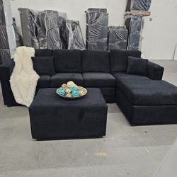 BLACK SOFA CHAISE WITH FREE OTTOMAN 