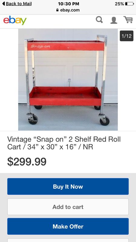 Vintage “Snap on” 2 Shelf Red Roll Cart / 34” x 30” x 16”