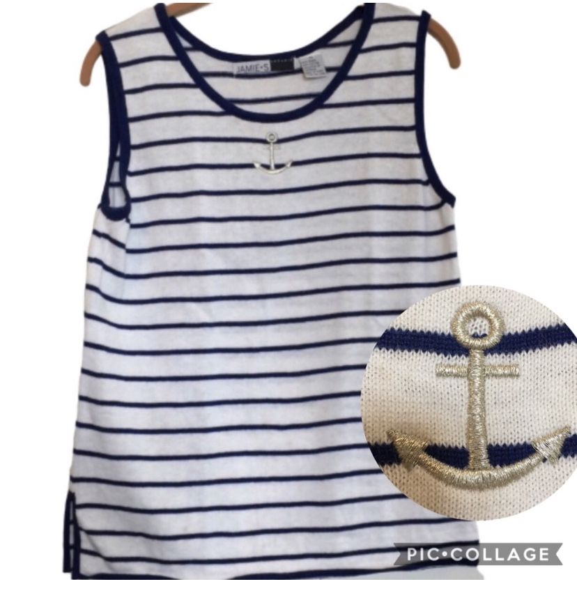 VINTAGE JAMIE S CASUALS Sweater Tank Embroidered White Navy Blue Stripes Medium
