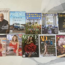 10 Magazines: VOGUE, Southern Living, First, Food & Wine, Architectural Digest, Travel & Leisure, Wine Spectator, Phoenix Magazine, Entrepreneur. NEW.