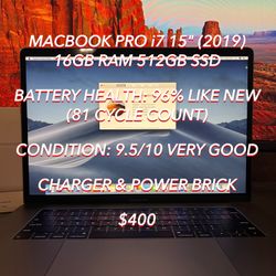 Apple MacBook Pro i7 Chip 15” (2019) 16GB RAM/512GB SSD Used Authentic
