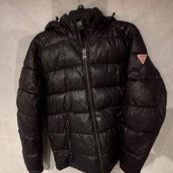 GUESS Black Quilted Puffer Jacket Hooded Zip Closure Mid-Length Men's M
