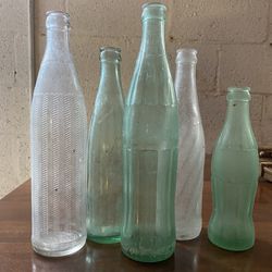 5 Vintage Antique Glass Bottles Soda Pop Coca Cola Frosted Aqua Blue Glass Rustic Vase 8”-11”