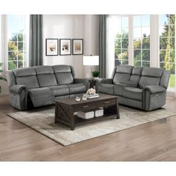 Brand New Gray Fabric Manual Reclining Sofa + Loveseat With Cup Holder