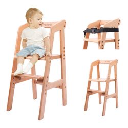 YOLEO High Chair Wooden for Toddlers Junior Childs, Sturdy Durable Dining Feeding Chair with Steps Grows with Child, Max 60kg (Natural Color) Retail $