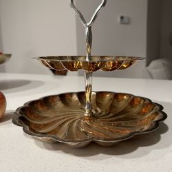 Vintage Round Two Tier Copper Tidbit Serving Tray 9”
