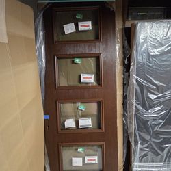 Brand New 72W x 96H Mahogany Fiberglass Impact Double Entry Doors