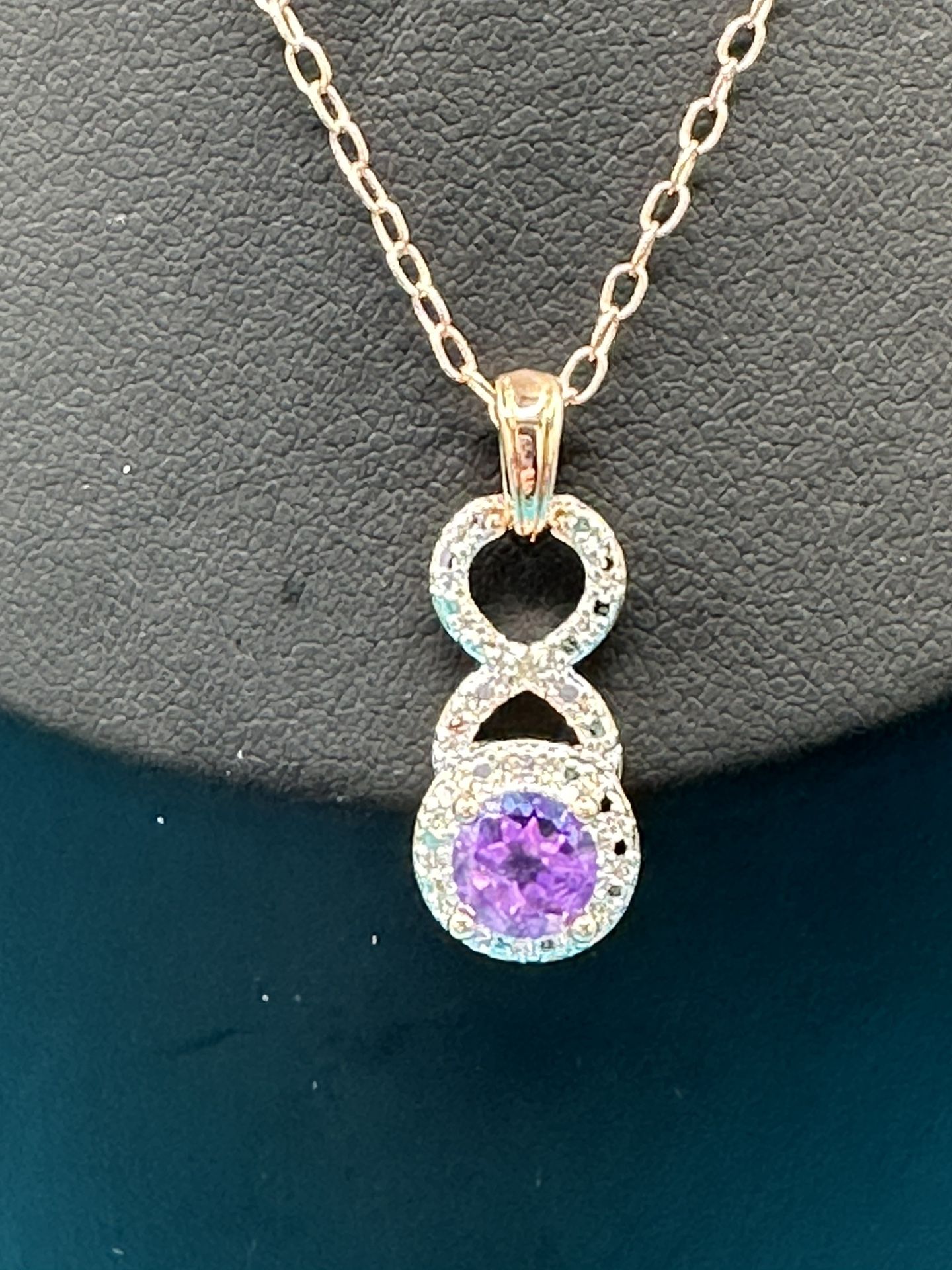 New Natural Genuine African Amethyst & Diamond Accents 18” Long Pendant Measures 1” Shiny Chain & Mounting Are Copper