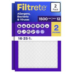 Filtrete 16x25x1 Air Filter, MERV 12, MPR 1500, Allergens, Bacteria & Viruses, 3-Month AC and Furnace Filters, Cleaner Air, Reliable Airflow, 2 HVAC F