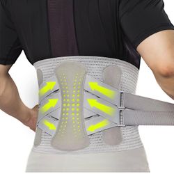Lumbar support back brace designed to relieve lower back pressure and improve posture. Adjustable straps provide targeted compression and customizable