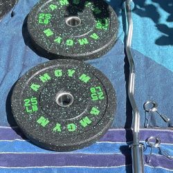 PAIR  OF  OLYMPIC  25 LB.  BUMPER  PLATES  &  NEW  OLYMPIC  EZ  CURL  BAR  