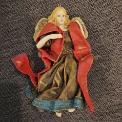 Vintage Fabric Paper Mache Angel Resin Wings Christmas Ornament 