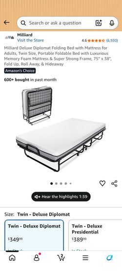 Roll Away Twin Bed with 5 inch memory foam mattress