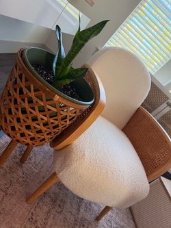 Cream Bouclé Accent Chair with Cane & Wood Frame