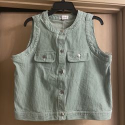 Brand new adorable women’s size medium green and white denim vest   