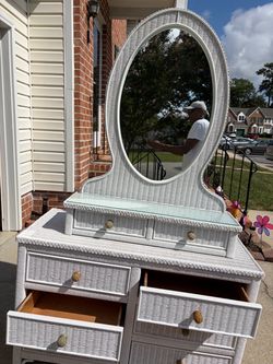 White Wicker Vanity Dresser with Mirror