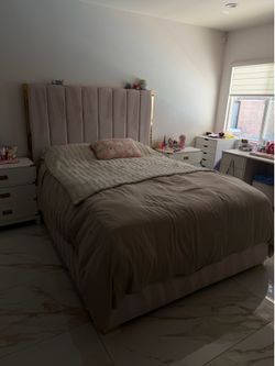Queen bed, velvet headboard