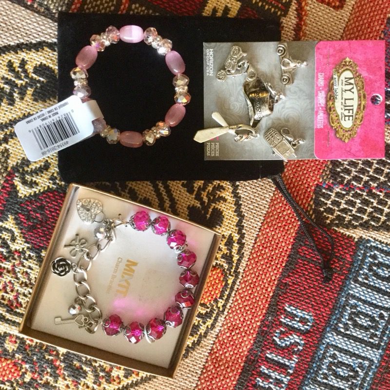 Jewelry - Fun accessories to chose from / My LIFE Charms $15 , Soft pink + crystals fashion bracelets $ 10 / Mix It charm bracelet in box $20