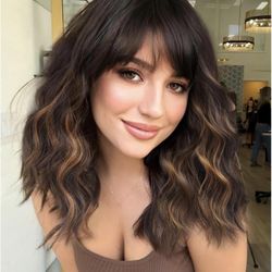 Human hair blend brown with blonde highlights bob wave wig