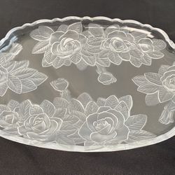 Vintage Home Beautiful Crystal Japan Rose Pearl Oblong Handled Serving Tray 15” 