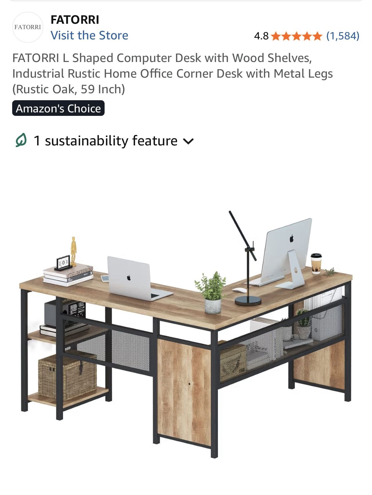 FATORRI L Shaped Computer Desk with Wood Shelves, Industrial Rustic Home Office Corner Desk with Metal Legs (Rustic Oak, 59 Inch)