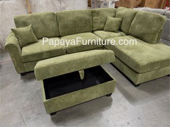 New! Green Sectional , Plush Sectional Sofa And Ottoman, Sage Sectional, Coduroy Couch, Corduroy Sectional sofa, Sofa And Ottoman, Sectionals,Sofa Set