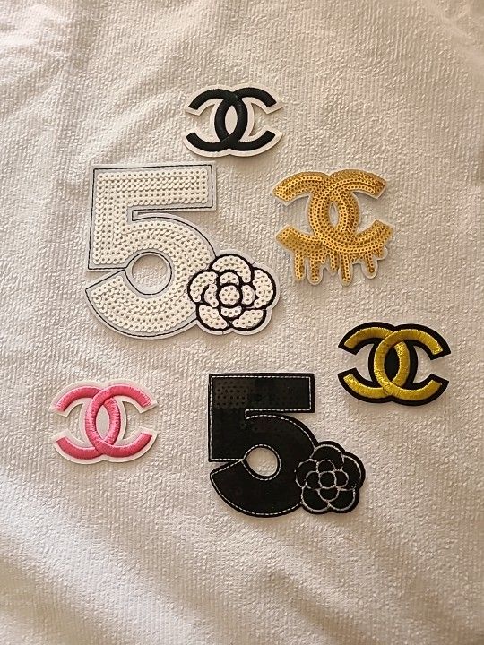 Lot Of 6 Embroidered Sequin Fashion CC Number 5 Iron On Patches