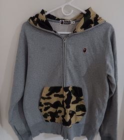 Men's gray Bathing Ape camo ×gray full zip hoodie/ w camo large Kangaroo pocket