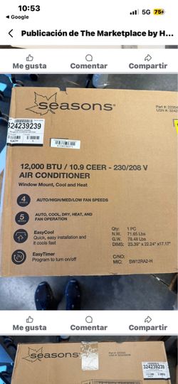 Brand NEW Seasons 12,000 BTU 230/208 V Window Air Conditioner With Heat