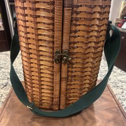 Picnic Time Wicker Wine Picnic Basket Green Canvas Straps Insulated Vintage