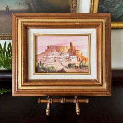 Vintage Original Pueblo Adobe Southwestern New Mexico Desert Landscape Oil Painting, Framed